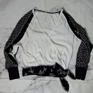 Free People Auxton Thermal Waffle  White and Black Wrap Top with Floral Sleeves